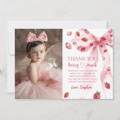 Roze Bow Aardbei Verjaardagsfoto Dank u kaart (Voorkant)