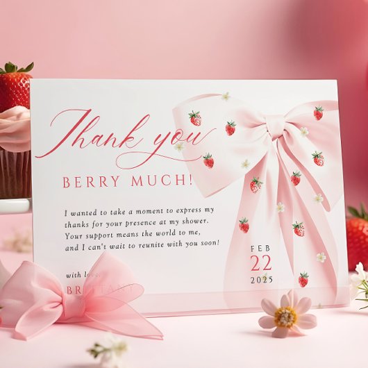 Roze Bow Aardbeien Baby shower Bedankt Card