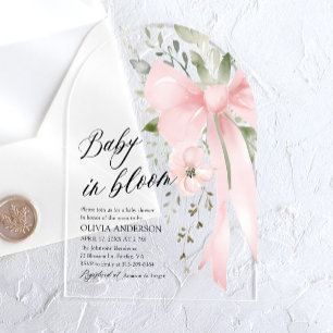 Roze Bow Baby in Bloom Bloemen Meisje Baby shower Acryl Uitnodigingen