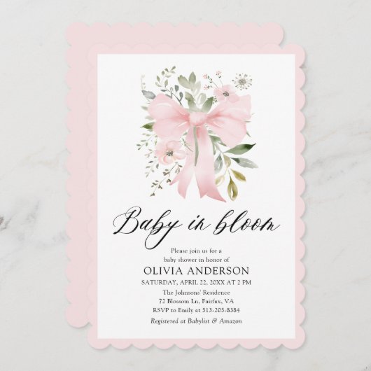 Roze Bow Baby in Bloom Bloemen Meisje Baby shower Kaart (Voorkant / Achterkant)