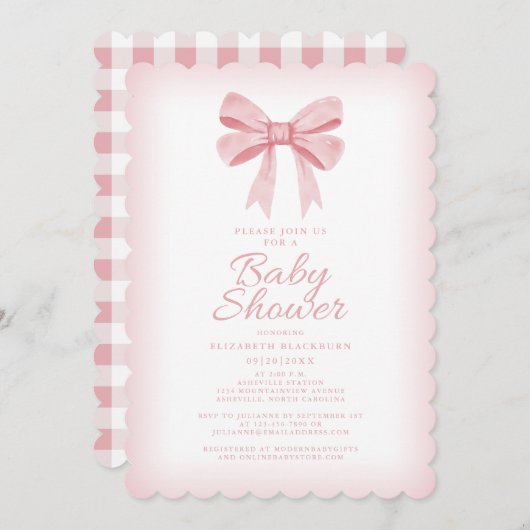 Roze Bow Baby shower Elegant Girly Gingham Check Kaart (Voorkant / Achterkant)