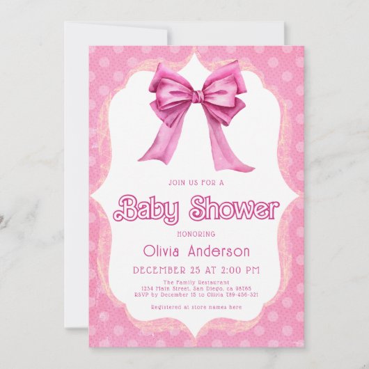 Roze Bow Baby shower Elegant Invitation Kaart (Voorkant)