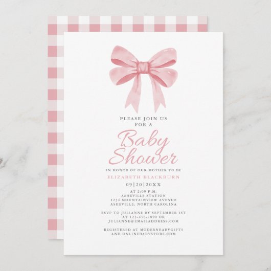 Roze Bow Baby shower Girly Coquette Gingham Check Kaart (Voorkant / Achterkant)