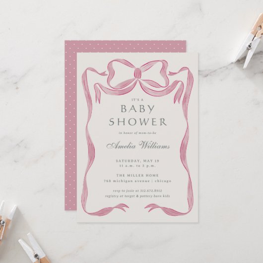 Roze Bow Baby shower Kaart (Voorkant / Achterkant in situ)