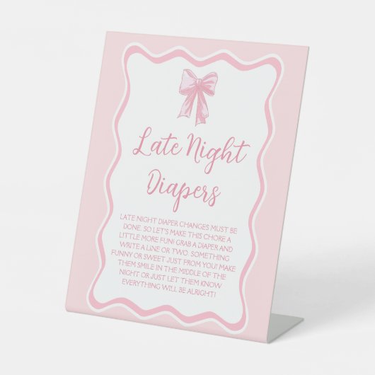 Roze Bow Baby shower Late Night Luiers Game Reclamebord Met Voetstuk (Voorkant)