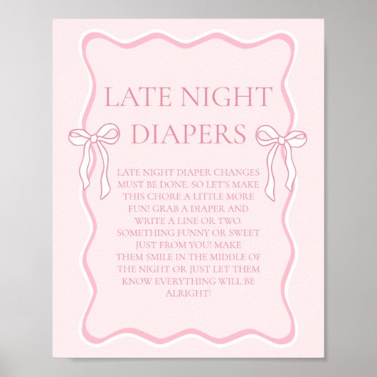 Roze Bow Baby shower Late Night Luiers Party Game Poster (Voorkant)