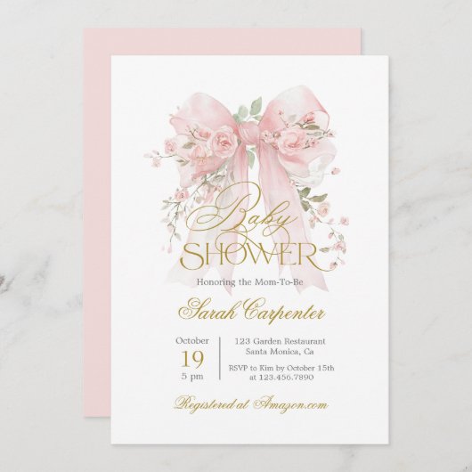 Roze Bow Baby shower Meisje uitnodiging (Voorkant / Achterkant)