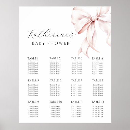 Roze Bow Baby shower Zitplaatskaart Poster (Voorkant)