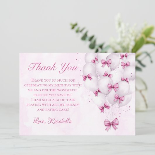 Roze Bow Balloons Meisje Verjaardag Dank u kaart (Staand voorkant)