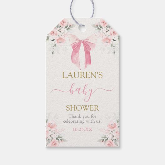 Roze Bow Beer Baby shower Meisje Gift Label Cadeaulabel (Voorkant)