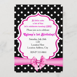 Roze Bow Black White Polka Dot Party Invitation Kaart