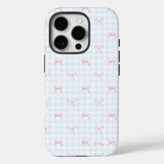 Roze Bow Blauw Gingham Gepersonaliseerde naam Case-Mate iPhone Case (Achterkant)