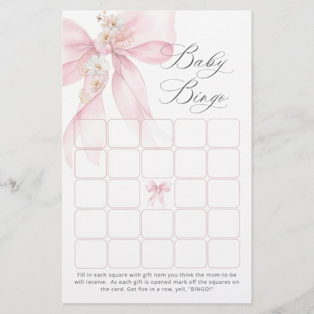 Roze Bow Bloemen Baby Bingo Baby shower Spel (Voorkant)