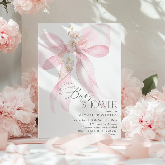Roze Bow Bloemen Baby meisje Douche Kaart