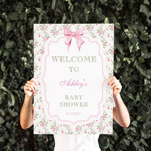 Roze Bow  Bloemen Baby shower Welkom Poster