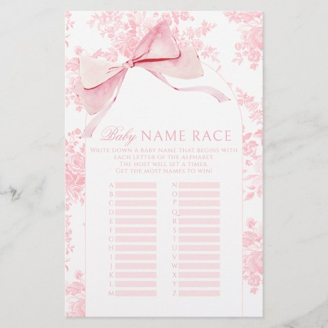 Roze Bow Bloemen Boho Baby shower Naam Race Game (Voorkant)