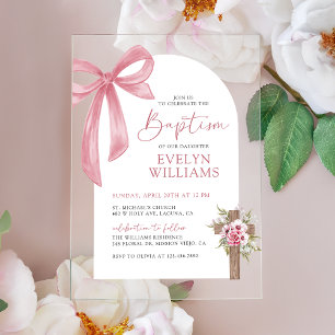 Roze Bow Bloemen Kruis Meisje Doop & Doop Acryl Uitnodigingen