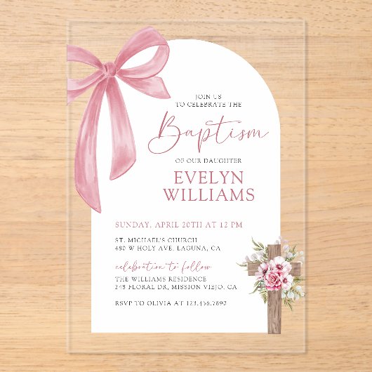 Roze Bow Bloemen Kruis Meisje Doop & Doop Acryl Uitnodigingen (Voorkant)