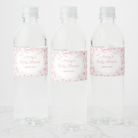 Roze Bow Bloemen Rozen  Baby shower Luier Waterfles Etiket (Flessen)