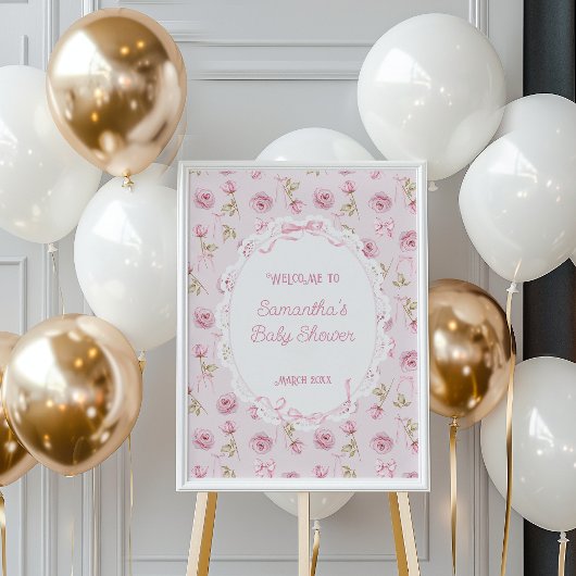 Roze Bow Bloemen Rozen Baby shower Poster