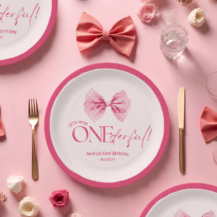 Roze Bow bloemige kleine miss Onederful 1e verjaar Papieren Bordje