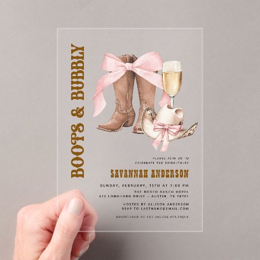 Roze Bow Boots & Bubble Western Vrijgezellenfeest Acryl Uitnodigingen (Insitu (Draagbaar))