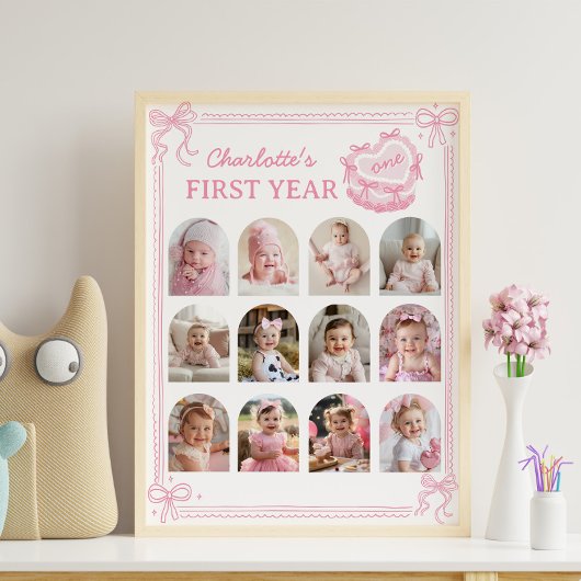 Roze Bow Cake Eerste jaar Foto Milestone Poster