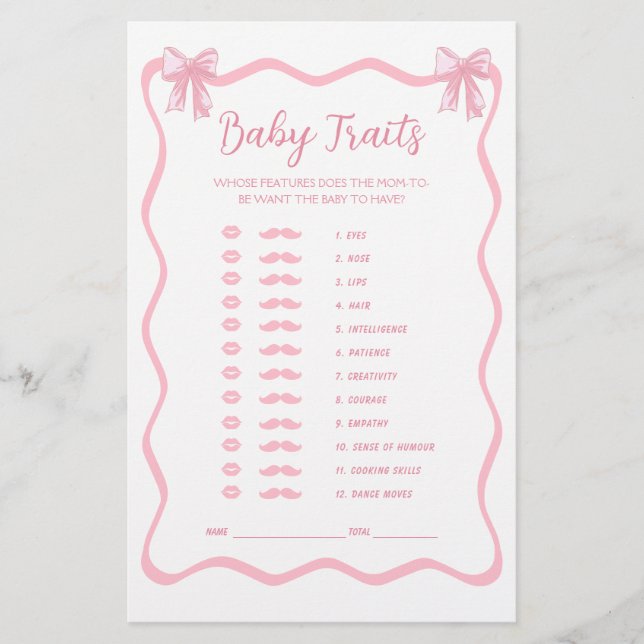 Roze Bow Coquette Baby shower Baby Traits Game (Voorkant)