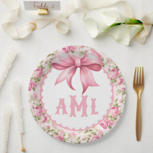 Roze Bow Coquette Baby shower Monogram Papieren Bordje