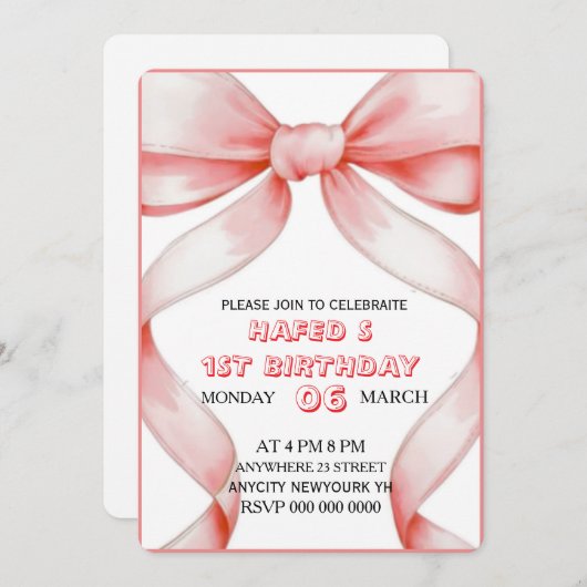 Roze Bow Coquette Bow verjaardagsuitnodiging, 13e Kaart (Voorkant / Achterkant)