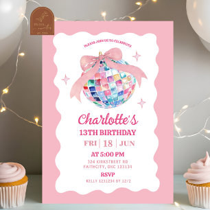 Roze Bow Coquette Disco Ball Girl Verjaardag Kaart