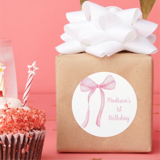 Roze Bow Coquette Eerste Verjaardag Ronde Sticker (Feest)