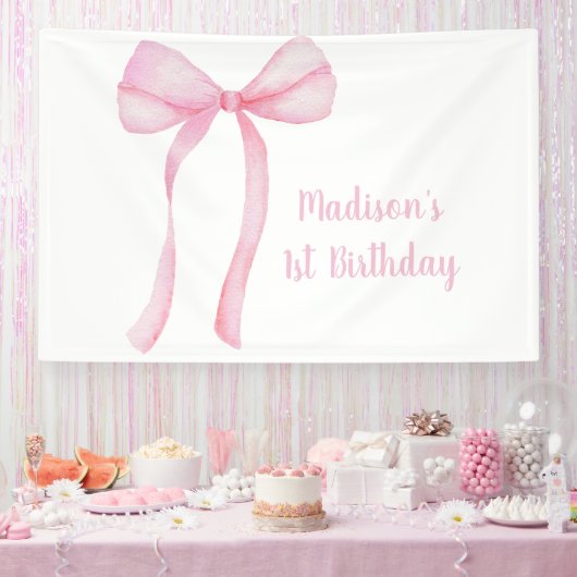 Roze Bow Coquette Eerste Verjaardag Spandoek (Feest)