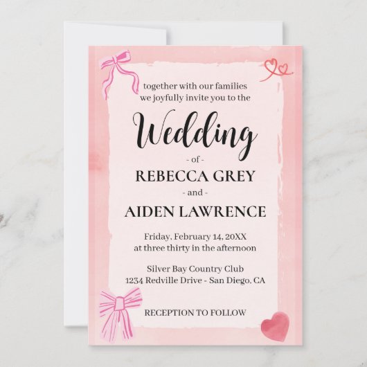 Roze Bow Coquette Elegant Modern Elegant Huwelijk Kaart (Voorkant)