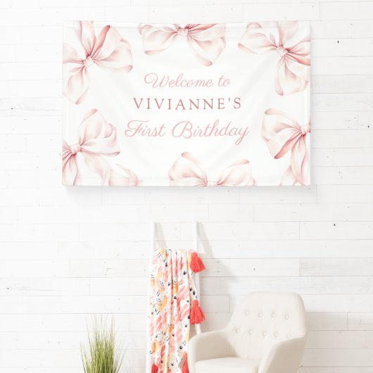 Roze Bow Coquette Meisje 1e verjaardag Spandoek (Insitu)