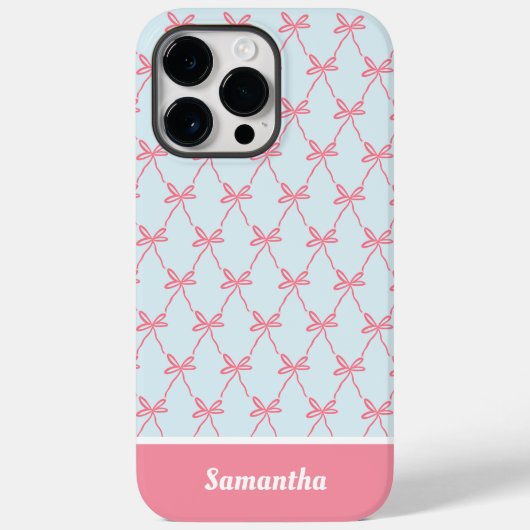 Roze Bow Coquette Patroon op Blauwe Aangepaste Naa Case-Mate iPhone Case (Achterkant)