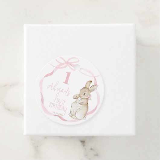 Roze Bow Coquette Peter het Konijn 1e Verjaardag Bedankjes Labels (In situ)