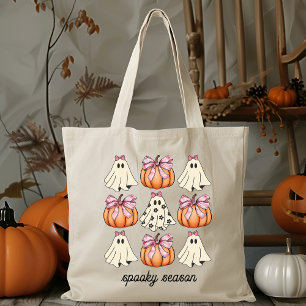Roze Bow Coquette Schattigee Ghost En Pompoen Hall Tote Bag