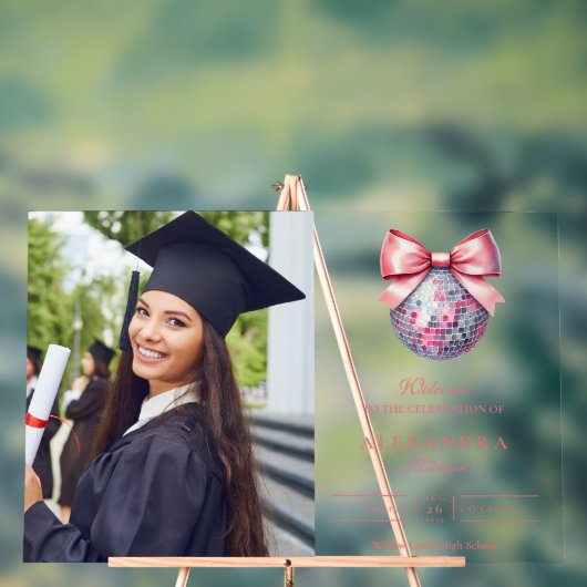 Roze Bow Disco Ball Graduation Party Acryl Bord (Neutraal)