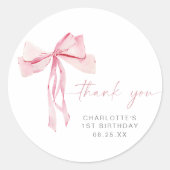 Roze Bow Eerste Verjaardag Ronde Sticker Blush Rib (Voorkant)