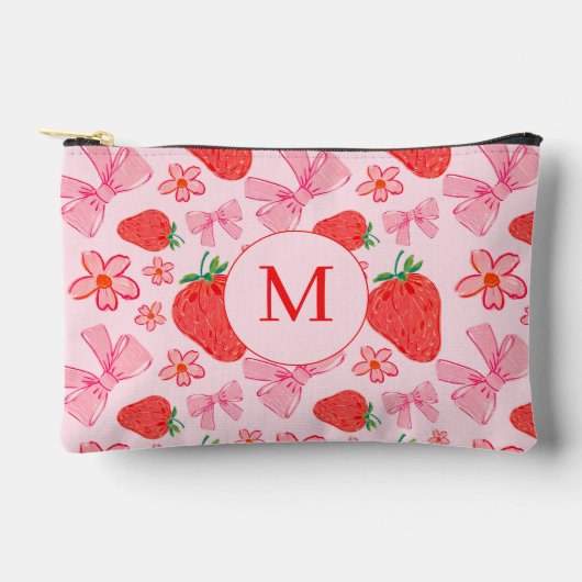 Roze Bow en Aardbei Girly Patroon Monogram Etui (Voorkant)