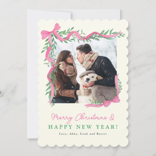 Roze Bow en groen vakantie fotokaart Feestdagenkaart (Voorkant)