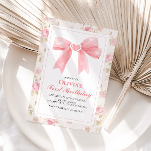 Roze Bow en Rozen Coquette 1e verjaardag Kaart