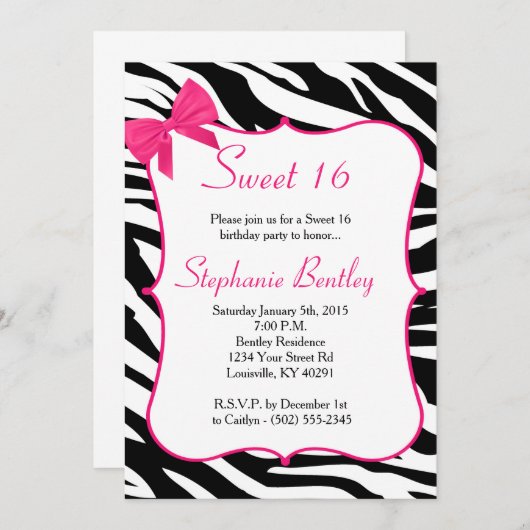 Roze Bow en Zebra Sweet 16 uitnodiging van 16 sept (Voorkant / Achterkant)