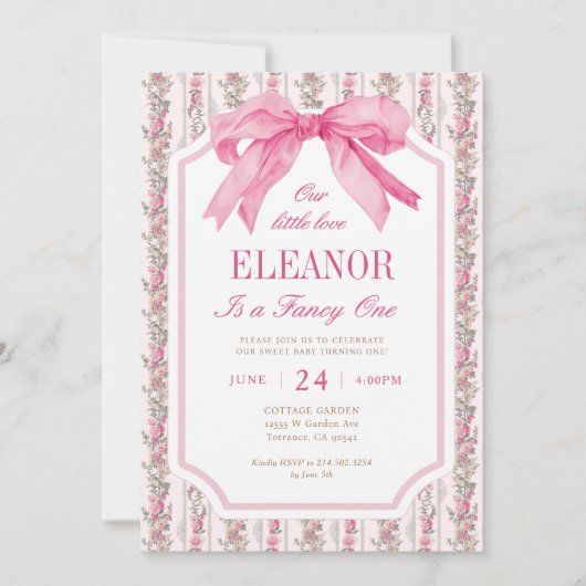 Roze Bow Fancy Een Meisje 1e Verjaardag Kaart (Voorkant)