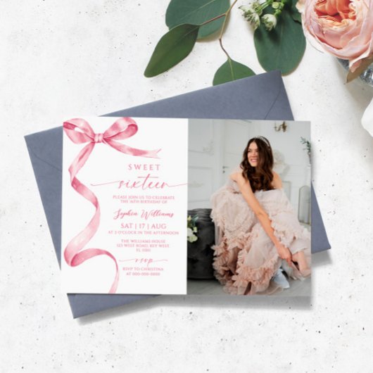 Roze Bow Foto Sweet 16 Verjaardag Uitnodiging