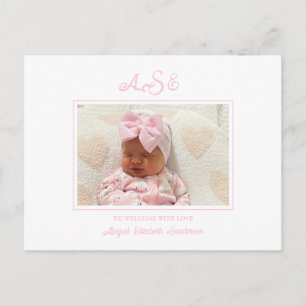 Roze Bow Foto White Birth Announding Briefkaart