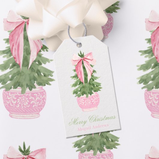 Roze Bow Ginger Jar Kerstboom Foto Cadeaulabel