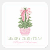 Roze Bow Ginger Jar Kerstboom Foto Vierkante Sticker (Voorkant)