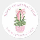 Roze Bow Ginger Jar Kerstboom Gift Ronde Sticker (Voorkant)